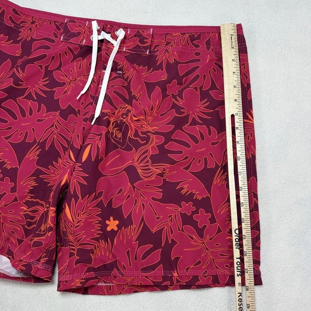 Maui Rippers Board Shorts Mens 32 Red Hawaiian Mermaid Floral Swim Tropical